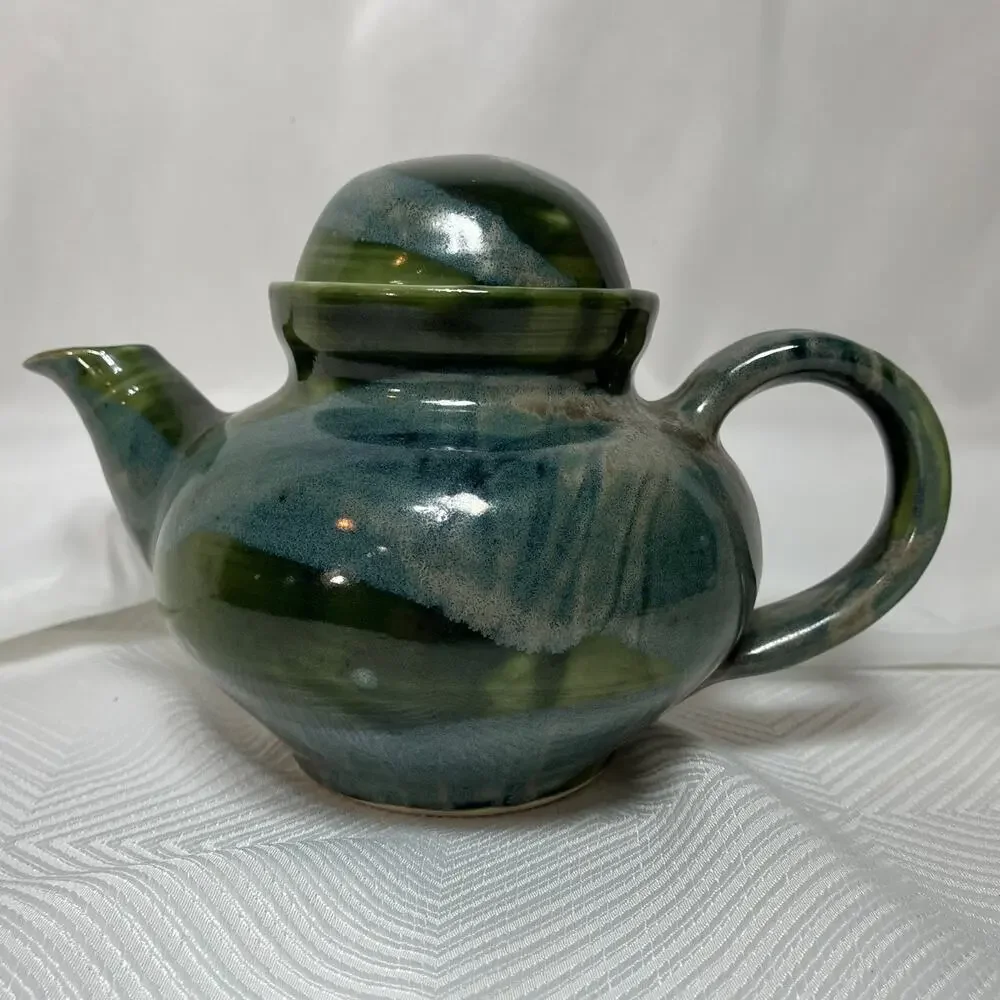 Handmade Ceramic Teapot Domed Lid Blue Green Glaze 6